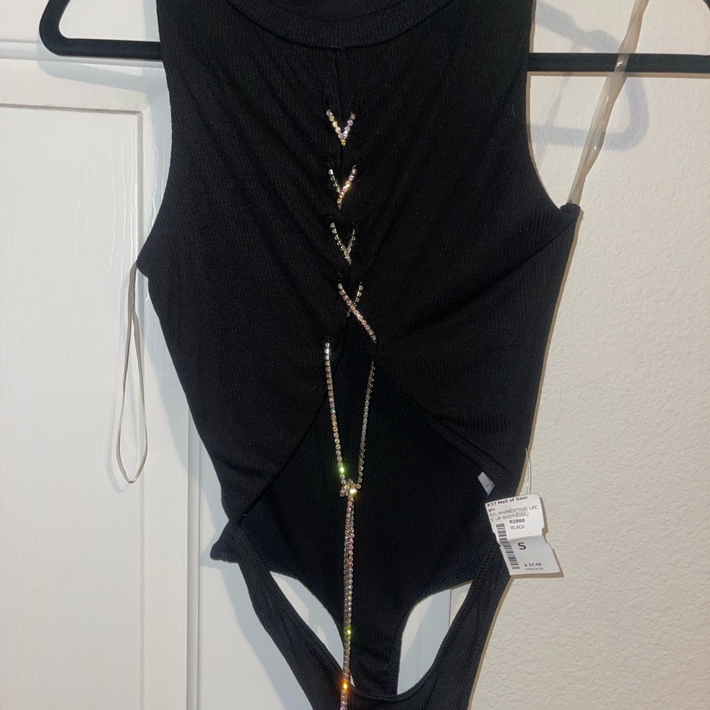 Black Sleeveless Bodysuit with Rhinestones